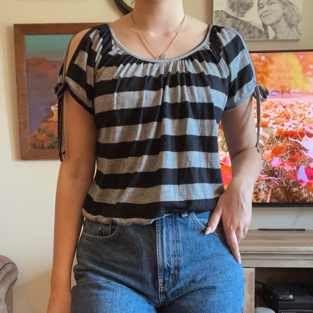 Grey & Black Striped Short Sleeve Top